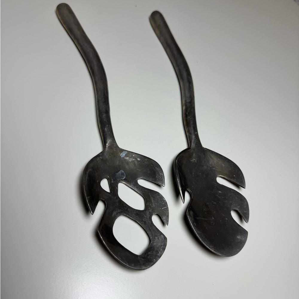 Vintage Monstera Leaf Salad Servers Silver Tone Metal Tropical Botanical Set